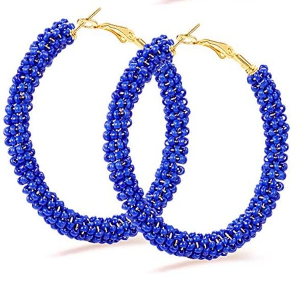 New Large Blue Beaded Hoops Colorful Beads Hoop Earrings Fun Summer Statement - Picture 2 of 5